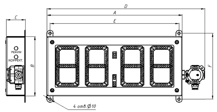 Габаритные и присоединительные размеры взрывозащищенных табло ПГС-ЧАСЫ