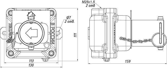 Габаритные и присоединительные размеры извещателя пожарного ручного взрывозащищенного ИП-535-ГОРЭЛТЕХ1-B