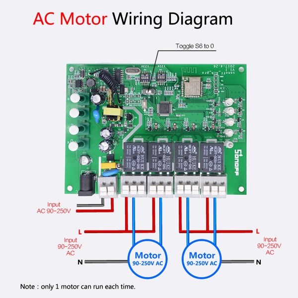 Схема подключения двигателя переменного тока к 4-канальному беспроводному WIFI коммутатору SONOFF 4CH Pro