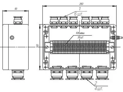 Коробка клеммная взрывобезопасная с кабельными вводами под небронированный кабель. Габарит 260х160х90