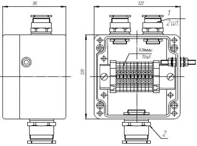 Коробка клеммная взрывобезопасная с кабельными вводами под небронированный кабель. Габарит 122х120х90