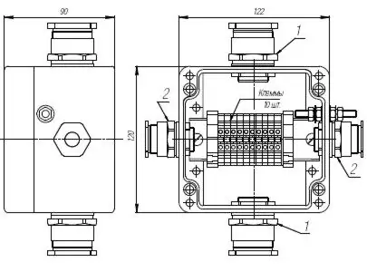 Коробка клеммная взрывобезопасная с кабельными вводами под небронированный кабель. Габарит 122х120х90