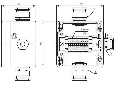 Коробка клеммная взрывобезопасная с кабельными вводами под небронированный кабель. Габарит 122х120х90