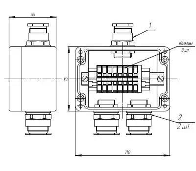 Коробка клеммная взрывобезопасная с кабельными вводами под небронированный кабель. Габарит 110х75х55
