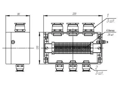Коробка клеммная взрывобезопасная с кабельными вводами под небронированный кабель. Габарит 220х120х90