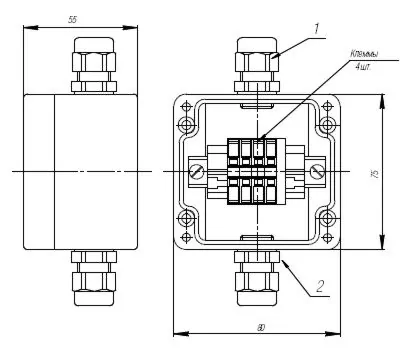Коробка клеммная взрывобезопасная с кабельными вводами под небронированный кабель. Габарит 80х75х55