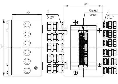 Коробка клеммная взрывобезопасная с кабельными вводами под бронированный кабель. Габарит 184х274х140