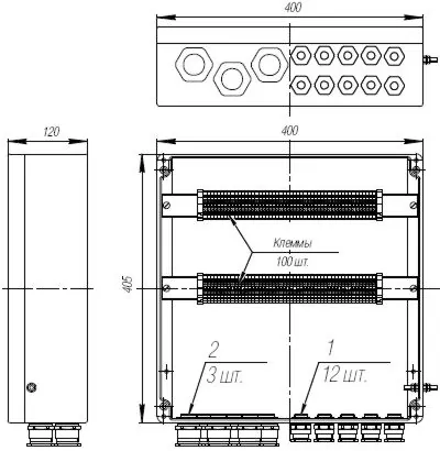 Коробка клеммная взрывобезопасная с кабельными вводами под небронированный кабель. Габарит 400х405х120