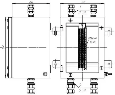 Коробка клеммная взрывобезопасная с кабельными вводами под бронированный кабель. Габарит 234х324х20