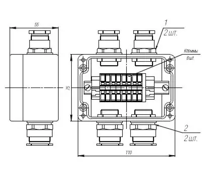 Коробка клеммная взрывобезопасная с кабельными вводами под небронированный кабель. Габарит 110х75х55